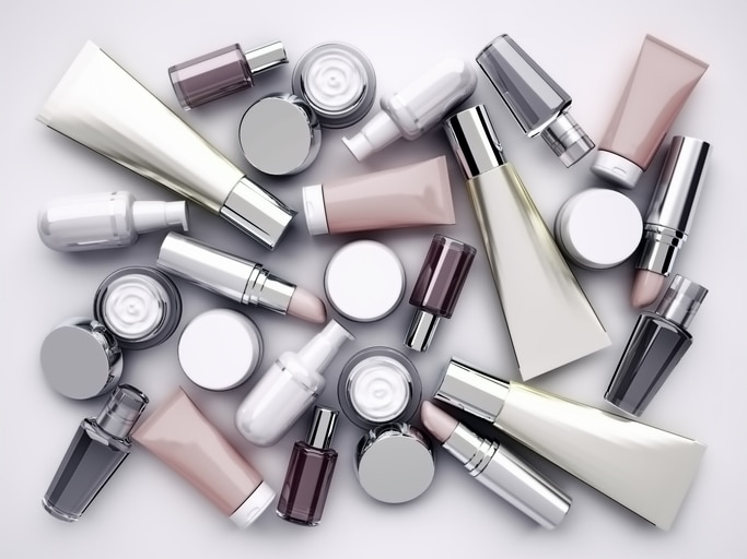 Cosmetic products, lipstik and perfume on gray background. Top view.