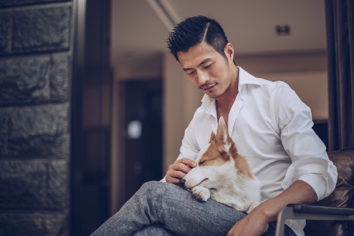 One man and his pet dog, sitting on a chair together at home.