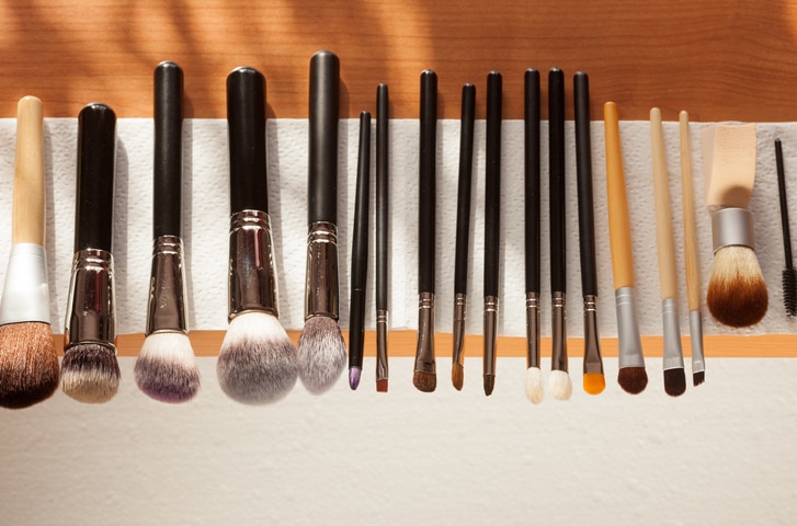 Beauty and makeup. Set of wet professional make up brushes after washing is drying