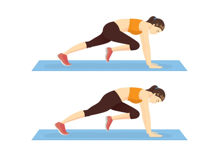 Step of doing the Mountain climber exercise by healthy woman. Illustration about exercise guide.