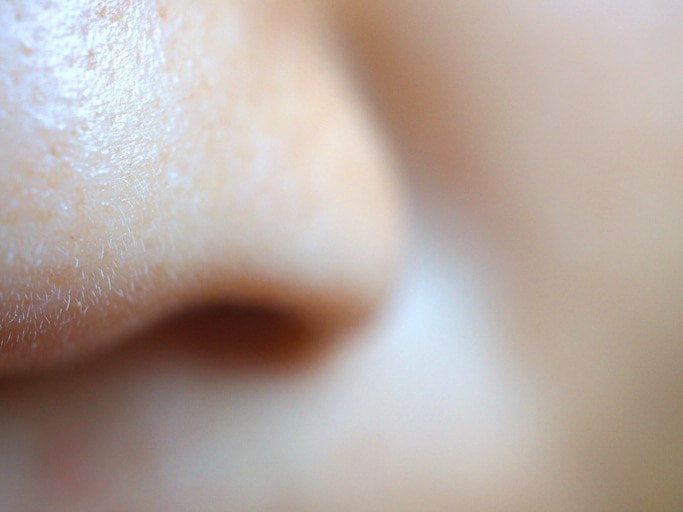 Macro close up Thai Asian Mongoloid yellow skin nose with holes, with pores and dark brown freckles spots, half part