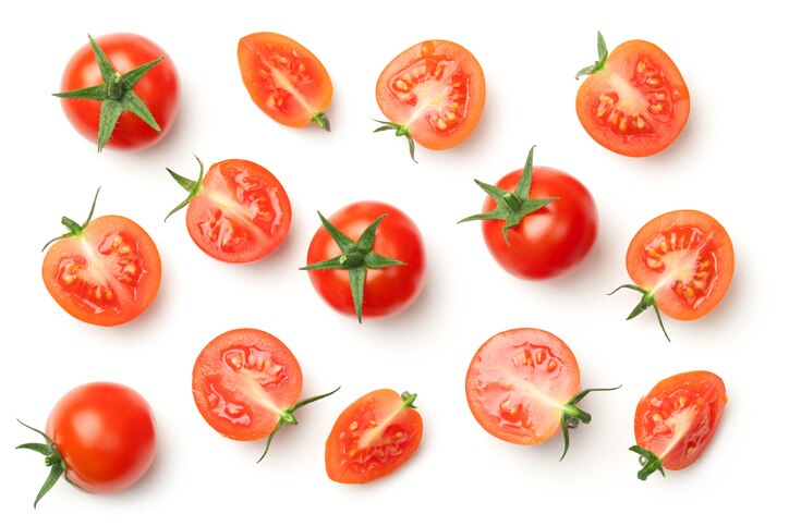 Cherry tomatoes isolated on white background. Top view