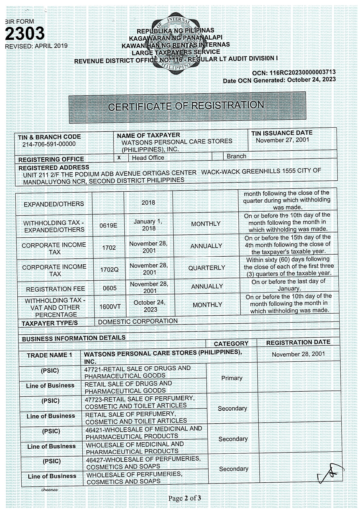 certificate of registration