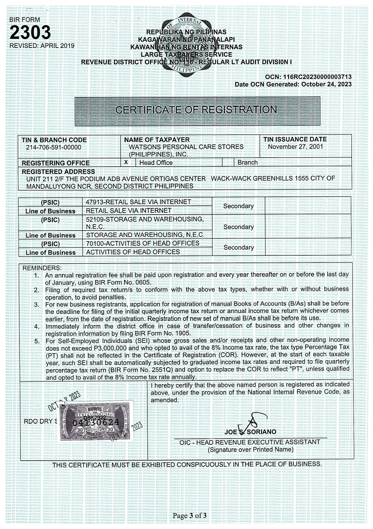 certificate of registration