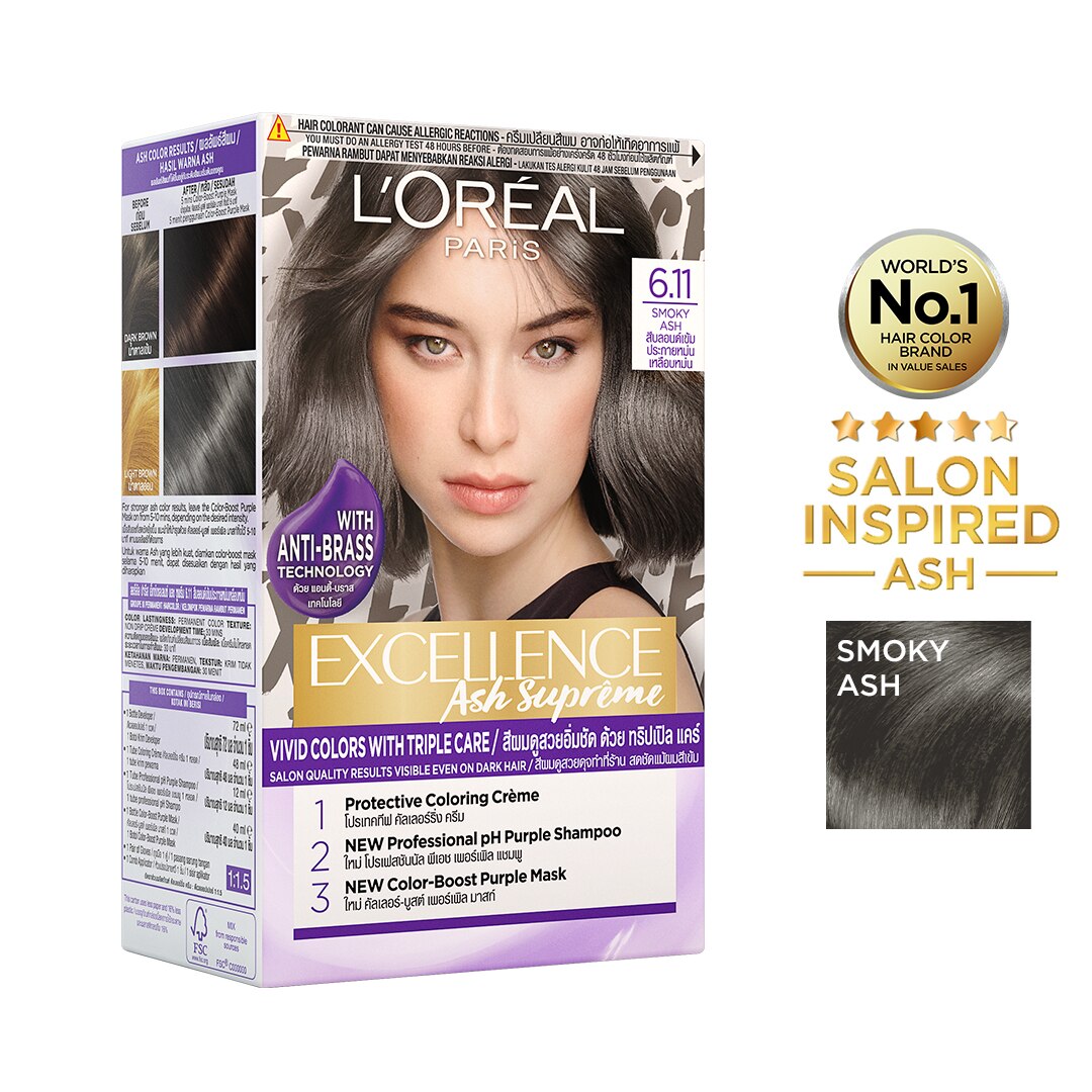 LOREAL, Excellence Ash Supreme Hair Color Honey Ash with Anti-Brass Purple Shampoo | Watsons Philippines LOREAL, Excellence Ash Supreme Hair Color Honey Ash with Anti-Brass Purple Shampoo | Watsons Philippines
