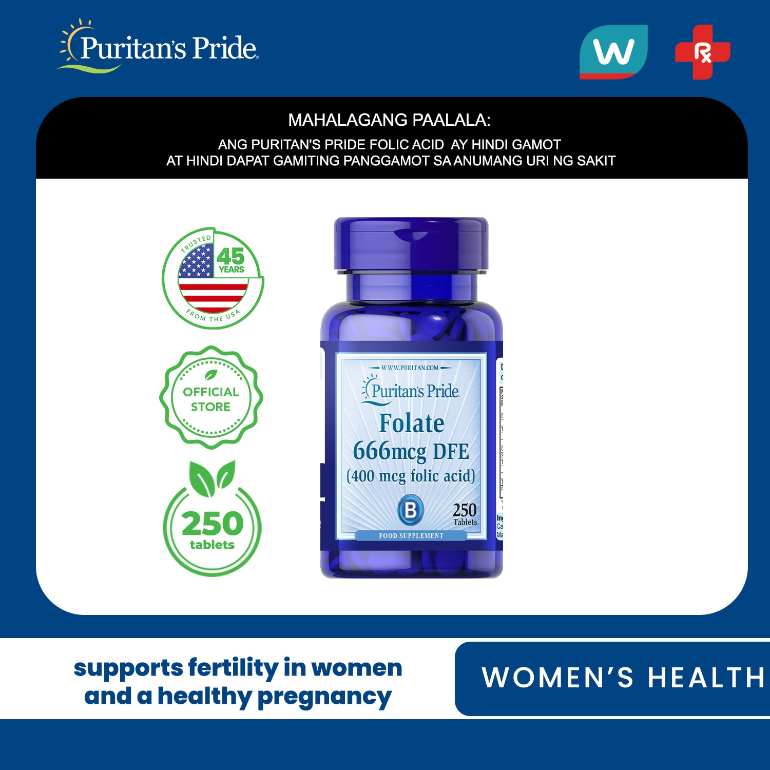 PURITANS PRIDE, Folic Acid 400mcg 250 tablets Fertility Pregnancy